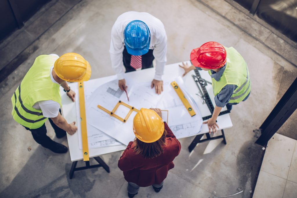 Jobsite, blueprints, electrician, engineer, architects